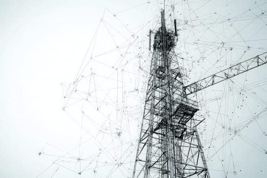 A communication tower stands tall against a cloudy sky, intricately connected with abstract lines resembling a network. This structure exemplifies modern urban technology and connectivity.