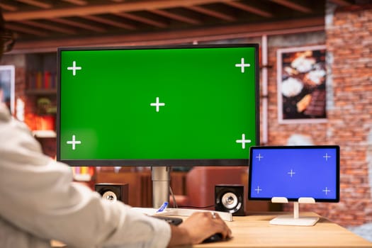 Teleworker inputting data on isolated screen PC and tablet, completing spreadsheets in home office. Remote worker editing documents on mockup devices, updating reports and files, close up