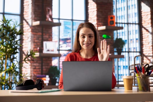 Candidate participating at an online job interview via remote teleconference, applying at a job offer listing on a recruiting platform. Ambitious woman looking to get hired, job vacancy.