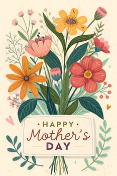 A vibrant bouquet featuring a variety of flowers and leaves, adorned with a heartfelt message for Mother's Day, celebrating love and appreciation. Generative AI.