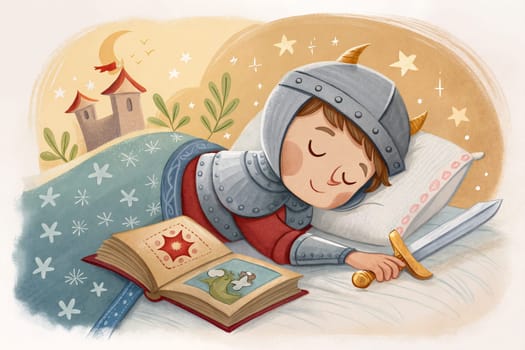 A young knight peacefully dreams of adventure with armor on, a book open beside him, and a cozy blanket beneath a starry night sky and moonlit castle. Generative AI.