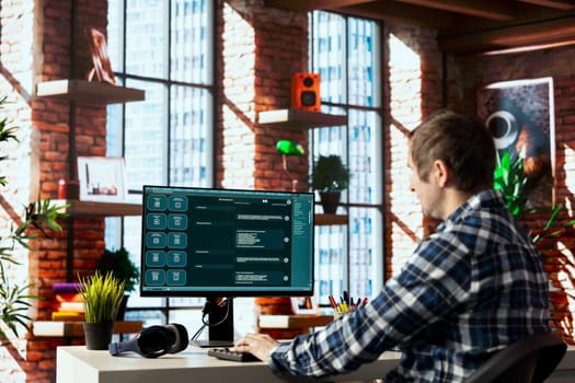 Man in home office uses AI GPT trained on vast amounts of textual data to understand and produce natural sounding human language. Person in apartment talking with LLM powered chatbot