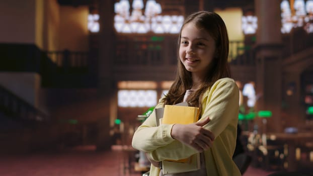 Portrait of sweet preadolescent carrying her books and class notes in the library, preparing for an intense studying session with her textbooks. Academic environment to ensure development. Camera B.