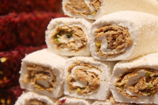 Traditional turkish delight in a market ,
