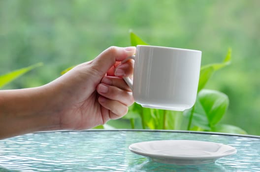 Hand holding a white cup with customizable space for mockup or text. Mockup concept.