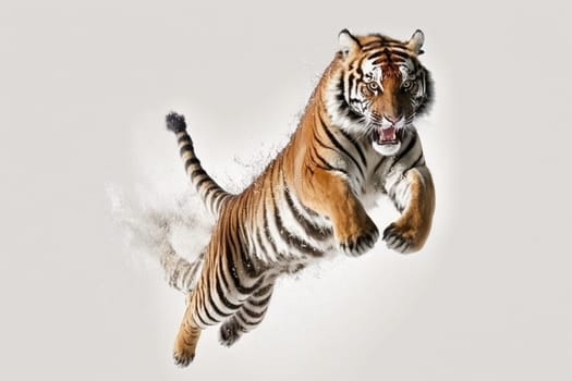 Tiger in jump on the white background, created with generative AI