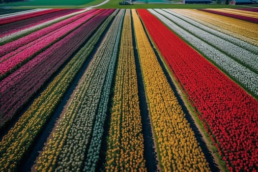 Mesmerizing drone view at flower fields in the Netherland, created with generative AI