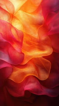 Layers of flowing fabric in shades of red, orange, and yellow intertwine to form an abstract composition. The warm light enhances the rich colors and textures, creating visual depth.