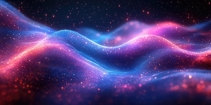 The artwork features flowing waves of light in a cosmic environment, showcasing a blend of vibrant blue, pink, and purple colors. The luminous scene conveys a sense of depth and movement.