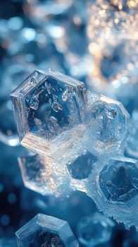 Delicate crystal structures are highlighted by soft blue lighting, showcasing their unique shapes and textures. The close-up view reveals the beauty of winter's frozen artistry.