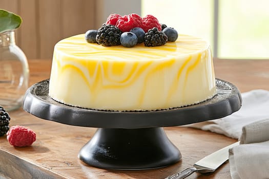 A beautifully presented dessert cake sits atop a black cake stand, showcasing a smooth yellow glaze and adorned with fresh raspberries, blueberries, and blackberries on a rustic wooden table.