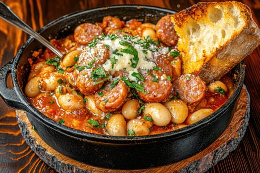 Hearty bean stew featuring succulent sausage, fresh herbs, and a sprinkle of cheese. Served warm in a cast iron skillet with a piece of crusty bread on the side.