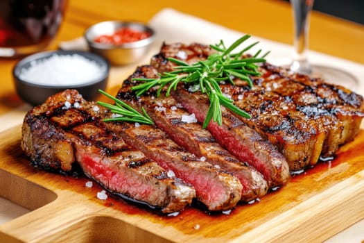 Succulent grilled steak is sliced and garnished with fresh rosemary, presented on a rustic wooden platter. This enticing dish is served alongside salt and spicy sauce in a warm dining atmosphere.
