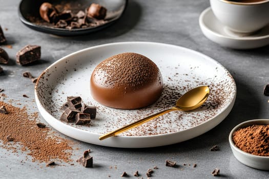 A luxurious chocolate dessert is showcased on a white plate, surrounded by cocoa powder and dark chocolate pieces. A golden spoon adds a touch of elegance to the setting.
