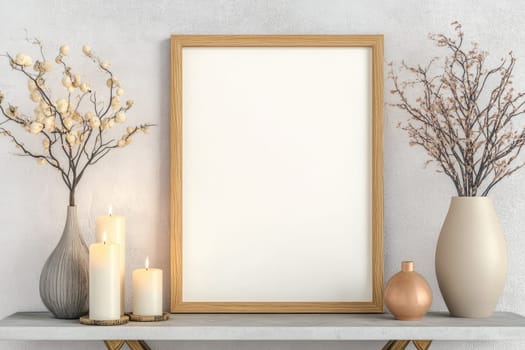 A stylish living room setup displays an empty wooden frame flanked by elegant vases filled with dried branches. Soft candlelight creates a warm atmosphere on a contemporary table.