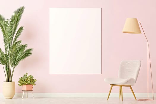 A modern living space showcases a light-colored chair beside a floor lamp. A large white canvas hangs on a pastel pink wall, accompanied by potted plants for a fresh touch.