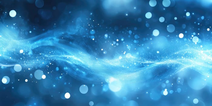 Vibrant blue wave flows smoothly across the composition, illuminated by a multitude of glowing particles. The scene evokes a sense of calm and creativity, perfect for backgrounds.