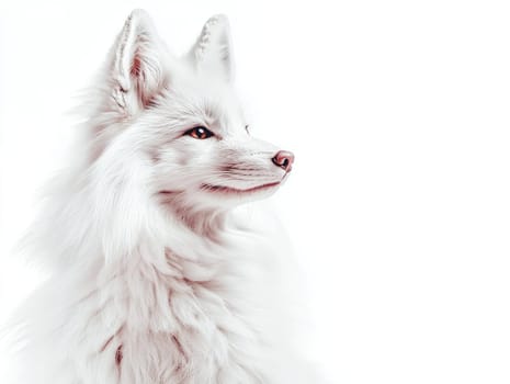 A stunning Arctic fox poses elegantly against a bright white background, highlighting its plush white fur and expressive eyes. The fox appears alert and curious, embodying the beauty of wildlife.