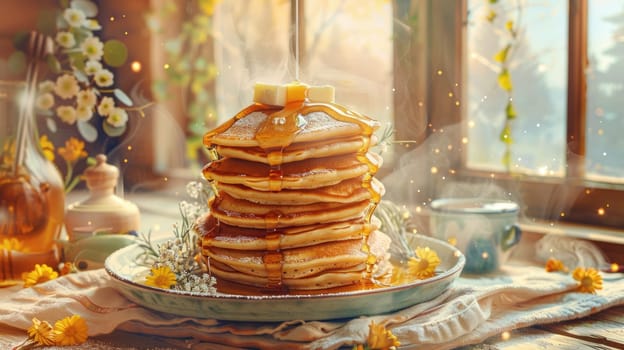 A tall stack of fluffy pancakes is beautifully presented on a plate. Melted butter and rich syrup drip down the sides, complemented by fresh flowers and cozy kitchen ambiance.