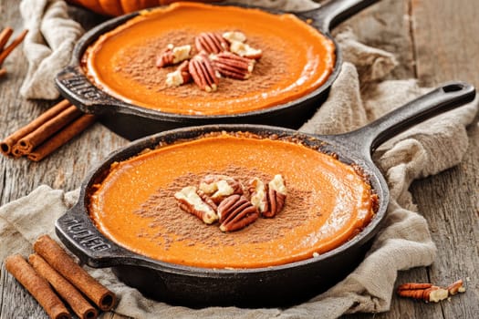 Two cast iron skillets hold freshly baked pumpkin pie topped with pecans, surrounded by cinnamon sticks on a rustic wooden table, creating a cozy autumn atmosphere.