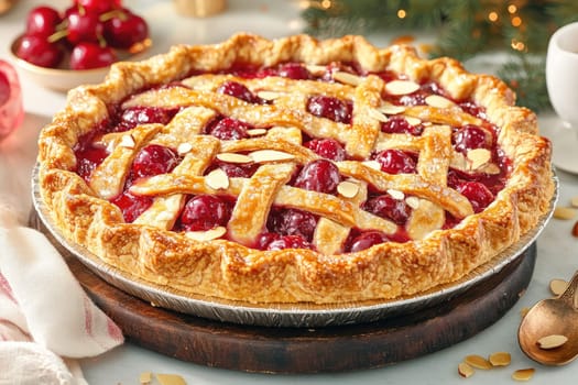 Freshly baked cherry pie featuring a golden lattice crust sits on a wooden board. Surrounding the pie are decorative elements that enhance the festive atmosphere.