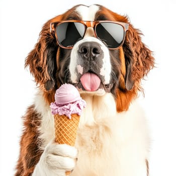 A large, friendly dog holds an ice cream cone while wearing stylish sunglasses. The fluffy dog eagerly licks the scoop of lavender ice cream, radiating happiness.