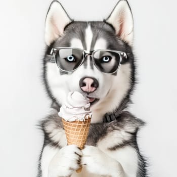 A stylish husky holds a delicious ice cream cone while wearing trendy sunglasses. The adorable dog is striking a fun pose against a simple background, showcasing personality.