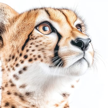 A young cheetah looks upward, showcasing its striking features and unique fur patterns. The expression conveys curiosity and alertness, capturing the beauty of this wild cat.