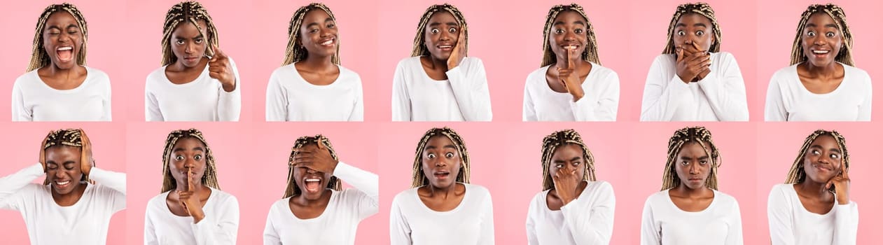 Human Emotions Concept. Composition set of young black woman emotional portraits. African american female grimacing and expressing positive and negative reactions at pink studio background, panorama