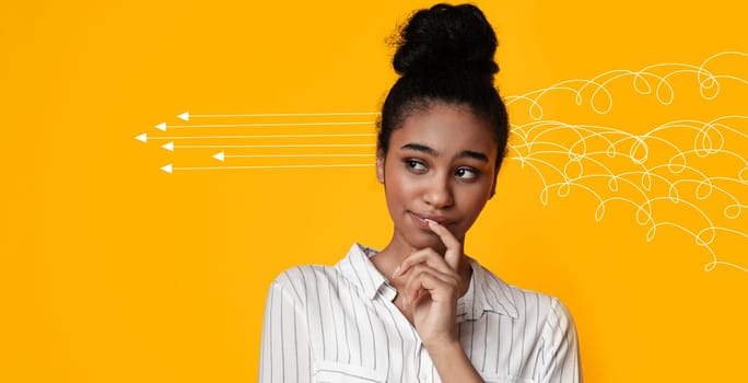 Collage with young black woman arranging her chaotic thoughts on orange background, panorama. Copy space. Millennial lady making up her mind, thinking over problem