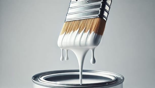 This angled view shows a paintbrush leaning against a paint can, with white paint dripping smoothly off the bristles. The glossy paint forms a gentle stream, highlighting the interaction between the brush and paint in a clean, minimalist setting.