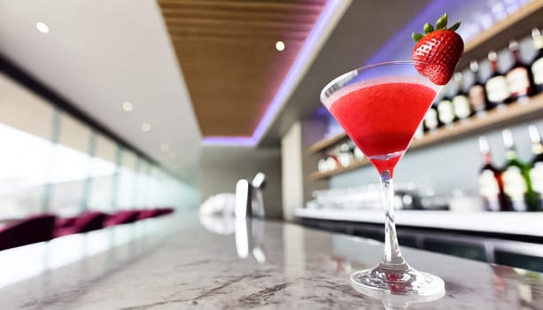 A sleek martini glass holds a vibrant strawberry cocktail, garnished with a fresh strawberry, set on a polished marble bar counter. The contemporary, well-lit setting features clean lines and abundant natural light, emphasizing the drink's rich red color and refreshing appeal.