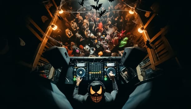 From an elevated stage, a DJ with a jack-o-lantern head orchestrates a mesmerizing Halloween bash for the lively crowd below.