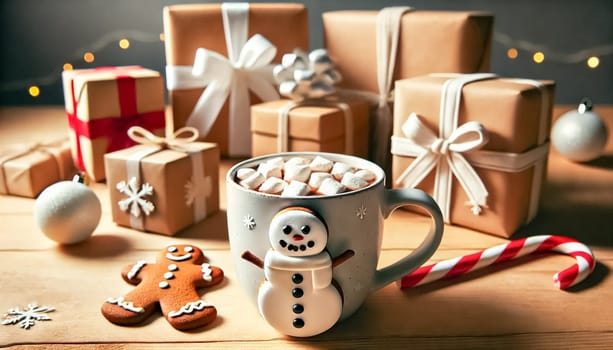 Low-angle view with a shallow depth of field and bright lighting. In the foreground, a cup of hot cocoa with gingerbread marshmallows forming the shape of a snowman sits sharply in focus on a wooden table. The background features several Christmas presents of different sizes wrapped in homemade, hand-painted paper with bows and straps, showcasing minimalist and festive designs.