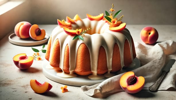 A beautifully presented bundt cake topped with a smooth vanilla glaze, set on a white plate. Surrounded by vibrant peach slices and small orange flowers, the cake's golden-brown crust contrasts with the creamy glaze that drips down the sides. The scene is complemented by a rustic cake server and soft natural light, evoking a warm, inviting atmosphere perfect for a summer treat.