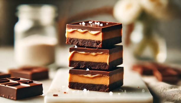 A mouthwatering collection of chocolate peanut butter bars stacked on a white marble surface. The bars showcase a thick peanut butter layer topped with smooth chocolate and garnished with flaky sea salt. The elegant background of glass jars and delicate white flowers adds a touch of sophistication to the scene.