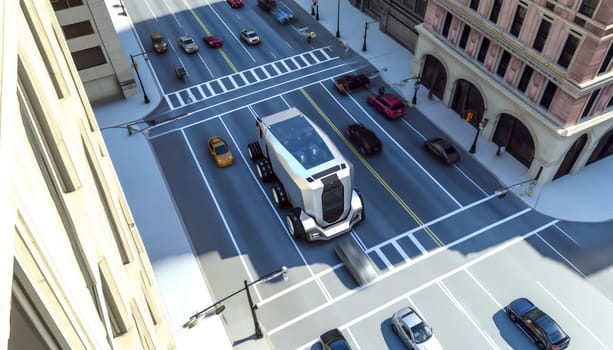 An avant-garde electric delivery truck navigates through the urban jungle, showcasing its dominance on the crosswalk of a bustling downtown street, merging efficiency with futurism.