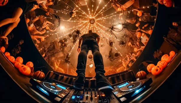 From an elevated stage, a DJ with a jack-o-lantern head orchestrates a mesmerizing Halloween bash for the lively crowd below.