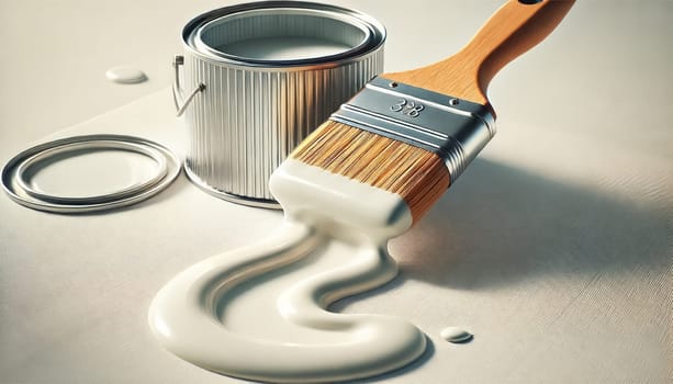 This angled view shows a paintbrush leaning against a paint can, with white paint dripping smoothly off the bristles. The glossy paint forms a gentle stream, highlighting the interaction between the brush and paint in a clean, minimalist setting.