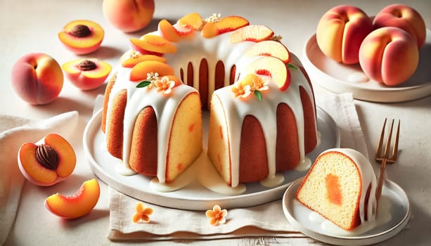 A beautifully sliced bundt cake topped with smooth vanilla glaze, adorned with fresh peach slices and delicate orange flowers. The cake's moist interior contrasts with its golden-brown crust, creating an inviting scene perfect for a summer dessert.