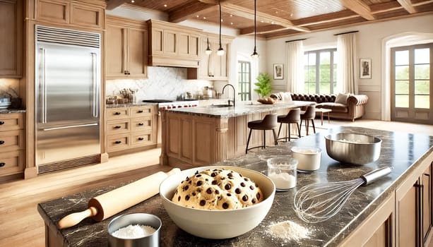 Stylish and modern kitchen with quartz countertops and an open floor plan. Chocolate chip cookie dough in a clear glass bowl is in sharp focus, with a spatula and cookie cutters nearby, highlighted by the shallow depth of field.