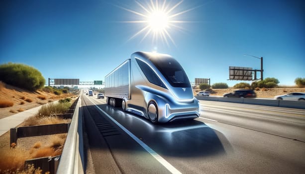 With a sleek design cutting through the breeze, this state-of-the-art electric truck heads confidently down the highway, signaling a new era in transportation.