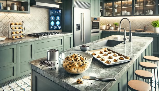 High-tech and modern kitchen with polished concrete countertops and dark green cabinets. The kitchen is slightly messy from baking cookies, with chocolate chips, flour, and used baking sheets scattered around. The cookie dough in a glass bowl with a metal spatula is in sharp focus. The kitchen features smart appliances, a touchscreen fridge, and an automated baking station, highlighted by the shallow depth of field.