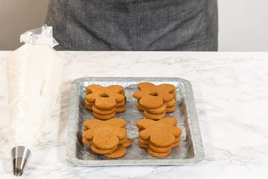 Gingerbread cookies await their second halves on a marble surface, each meticulously piped with buttercream to craft delightful sandwich treats. The precision of the piping adds a festive touch.