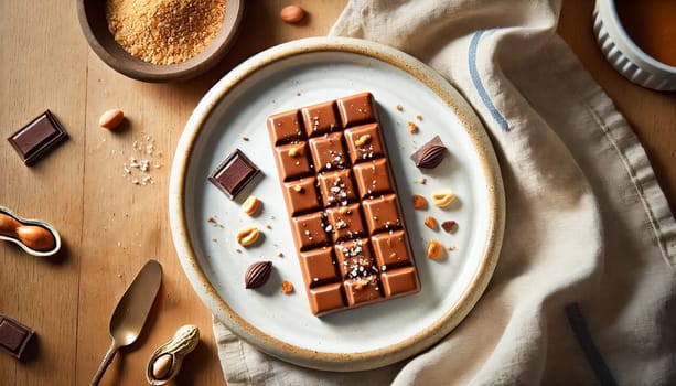 Close-up shots of thick peanut butter chocolate bars, showcasing a creamy peanut butter base topped with glossy dark chocolate and sprinkled with flaky sea salt. The bars are arranged in a rustic style, with some stacked and others scattered, creating a visually appealing presentation on a white surface.