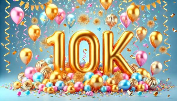 Golden balloons spelling out "10K" float in the air, surrounded by colorful confetti and pastel balloons. A light blue sky background enhances the visibility of the gold balloons. The depth of field effect with an f/2.8 aperture creates a beautifully blurred background, with out-of-focus confetti adding to the festive mood.