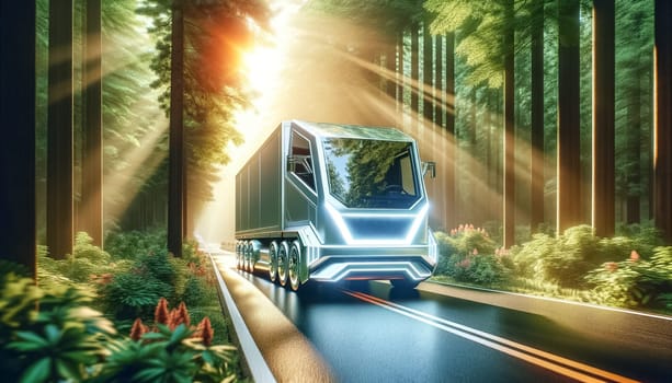 Silent and swift, an electric cargo truck traverses a forest road, bathed in the golden glow of sunbeams streaming through the lush canopy overhead.