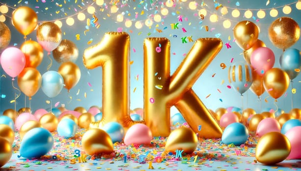 The image captures a lively celebration scene featuring large gold balloons spelling out "1K" surrounded by vibrant confetti and pastel balloons. A light blue background adds to the festive atmosphere, highlighting the shining golden balloons and colorful decorations.