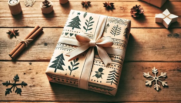 A Christmas present on a wooden table, wrapped in homemade, hand-painted paper with a bow and straps. Beside the gift are handmade gingerbread cookies decorated with royal icing, adding a festive touch.