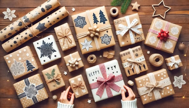 Top-down view of several Christmas presents of different sizes on a wooden table, wrapped in homemade, hand-painted paper with bows and straps. The minimalist and festive designs offer an elegant holiday presentation.